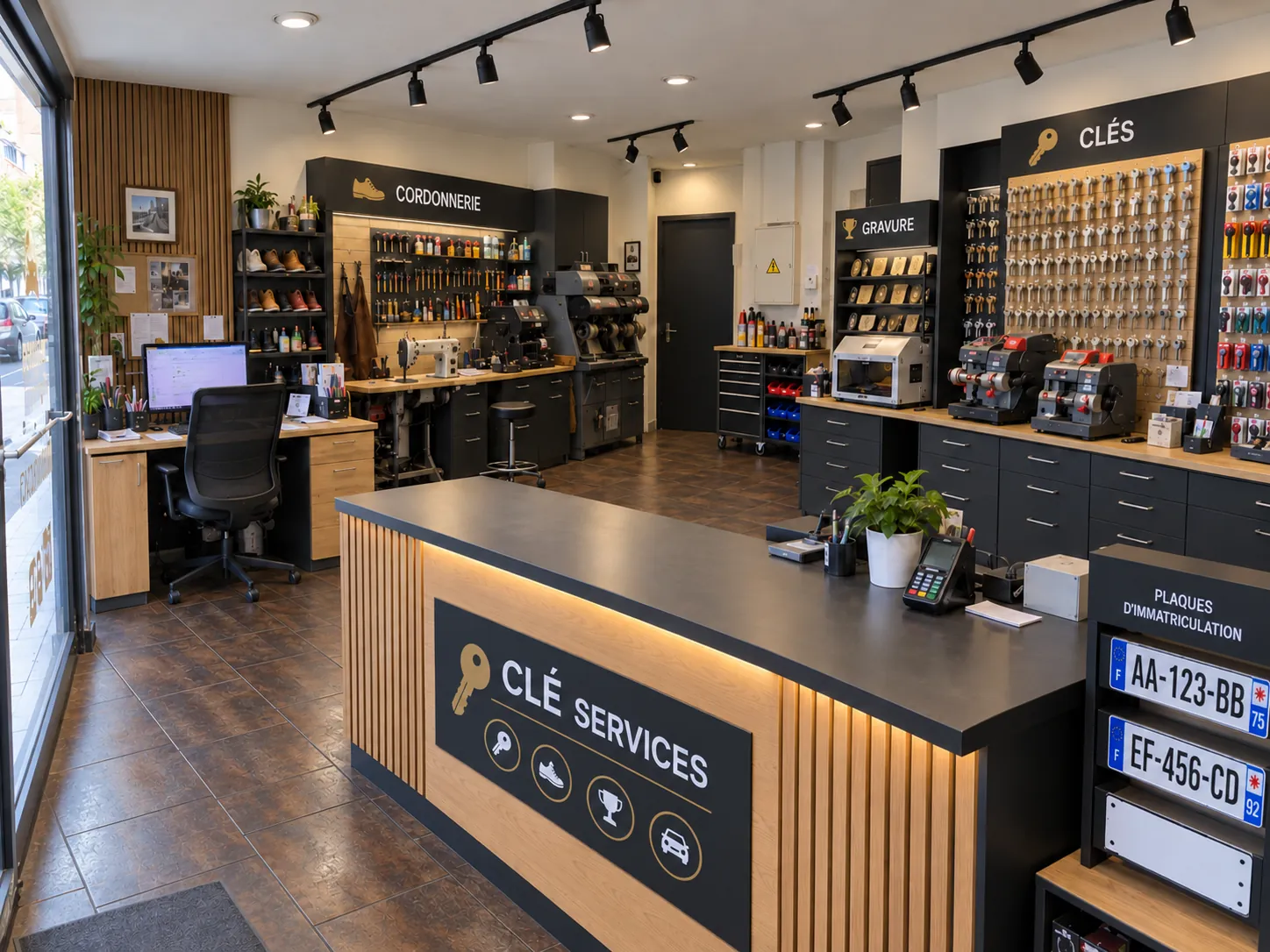 Projet d’aménagement de la boutique CLÉ SERVICES : comptoir en bois et atelier multiservices