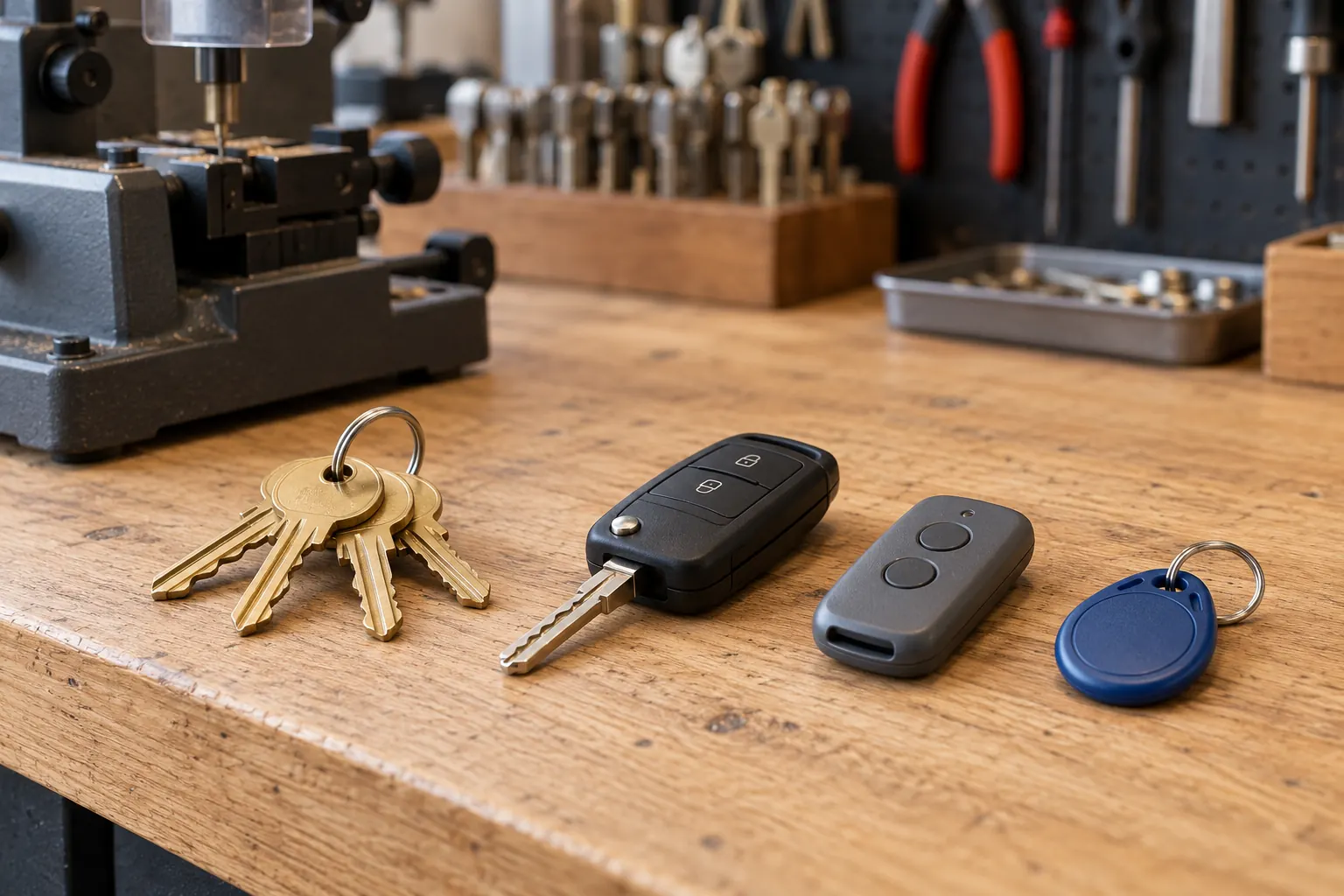 Clés de maison, clé automobile, télécommande et badge sur un établi