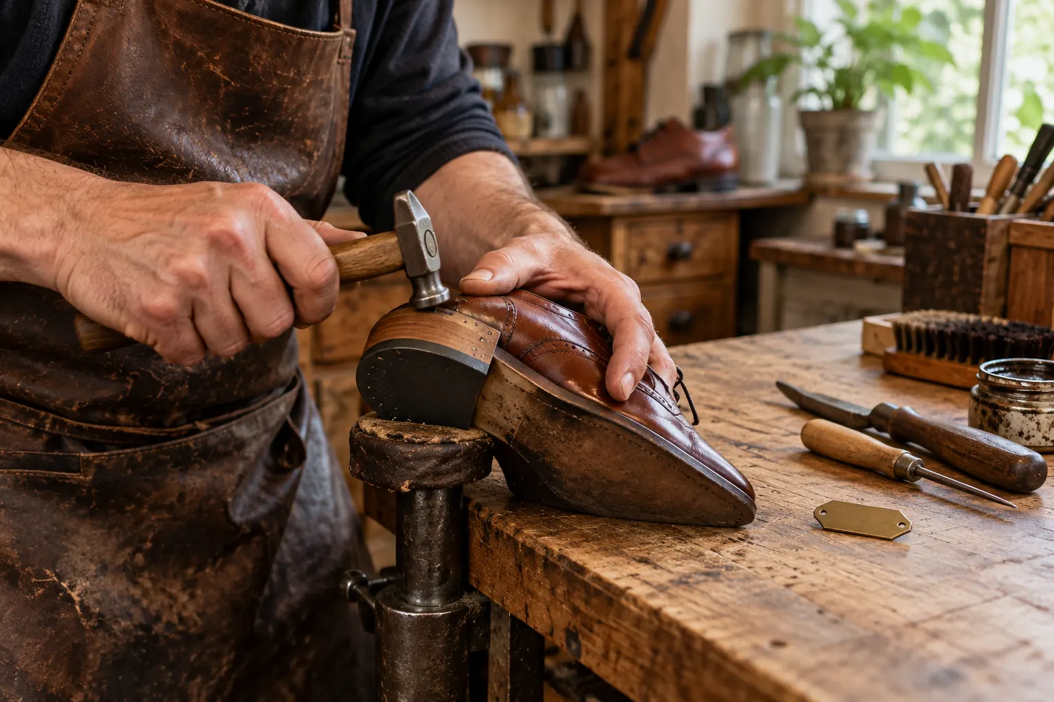 Illustration d’une réparation de chaussure dans un atelier de cordonnerie