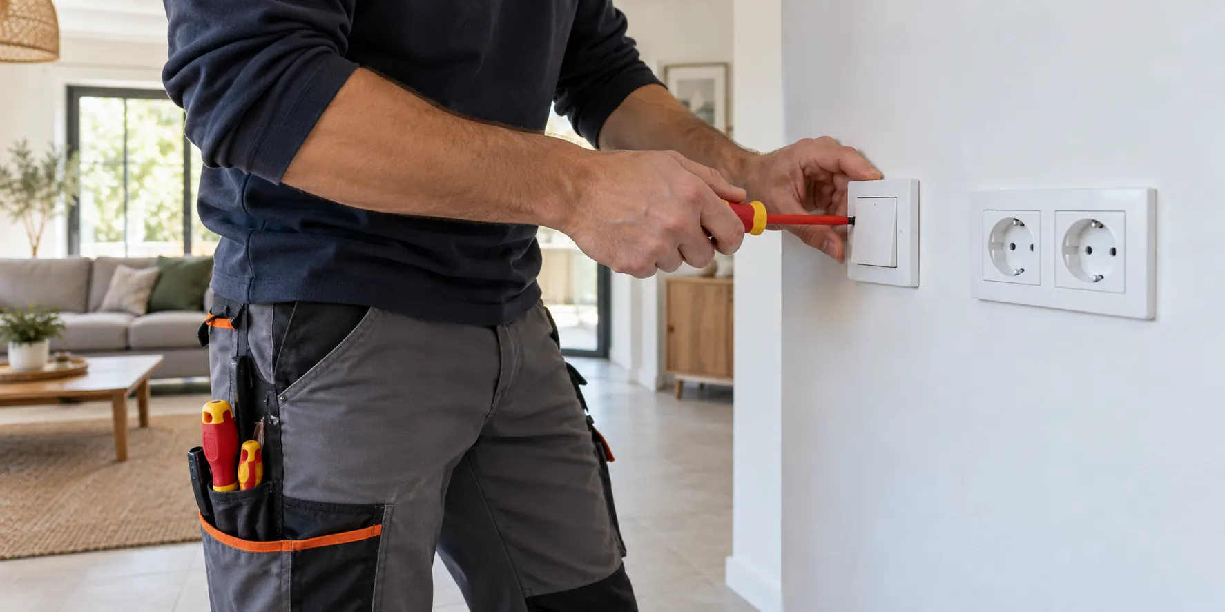 Illustration d’un électricien intervenant sur un interrupteur et des prises
