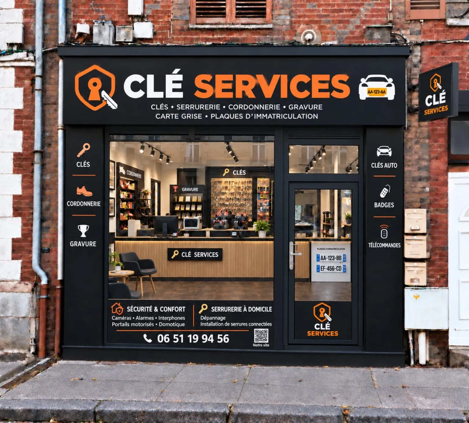 Projection de la façade CLÉ SERVICES avec enseigne, vitrine et services à domicile