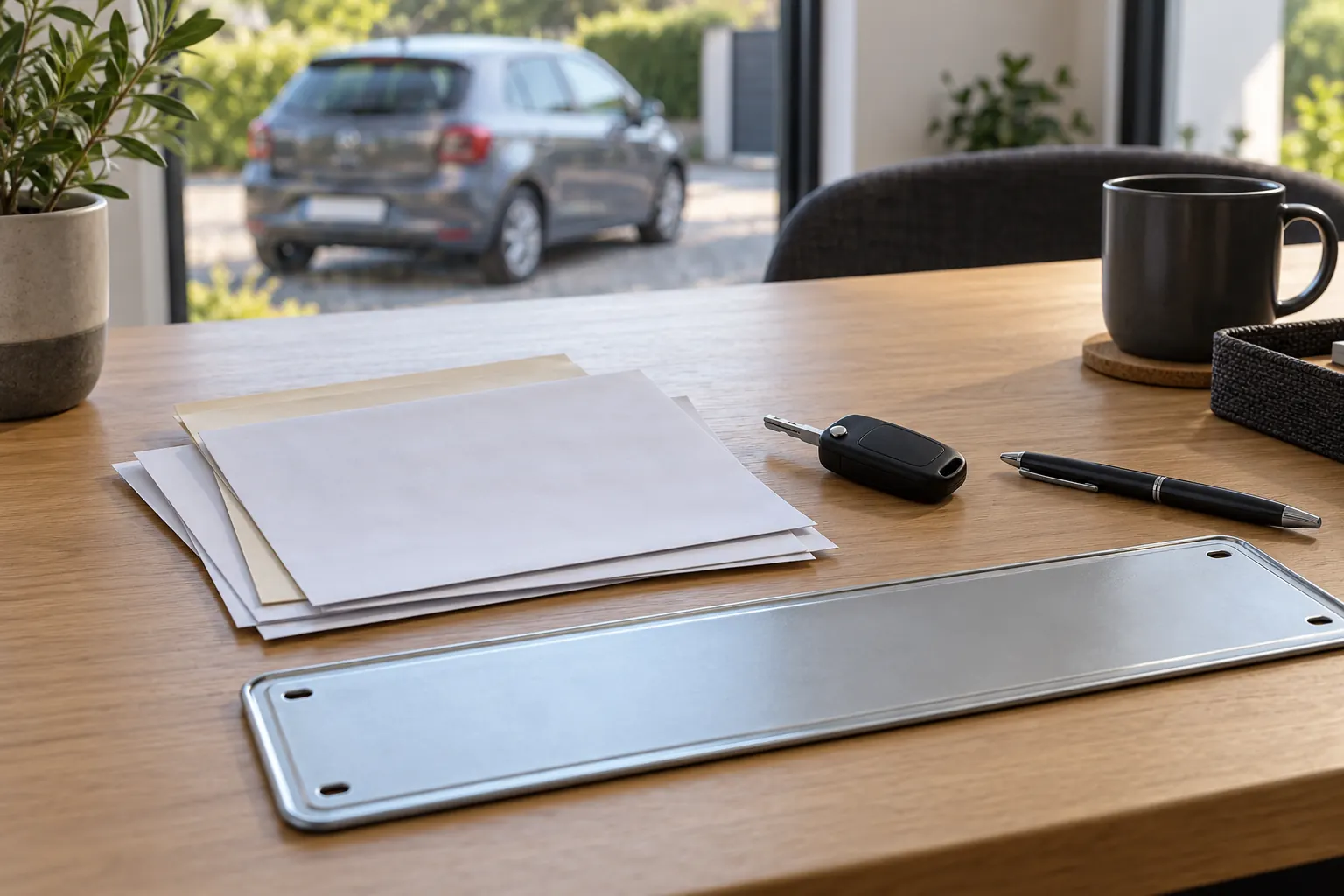Clé automobile, documents et plaque vierge sur un bureau